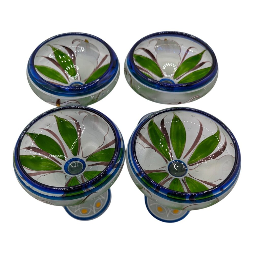 Set of 4 Hand Painted Mexican Blue Rim Margarita Glass White Calla Lilies Lily - Picture 8 of 16